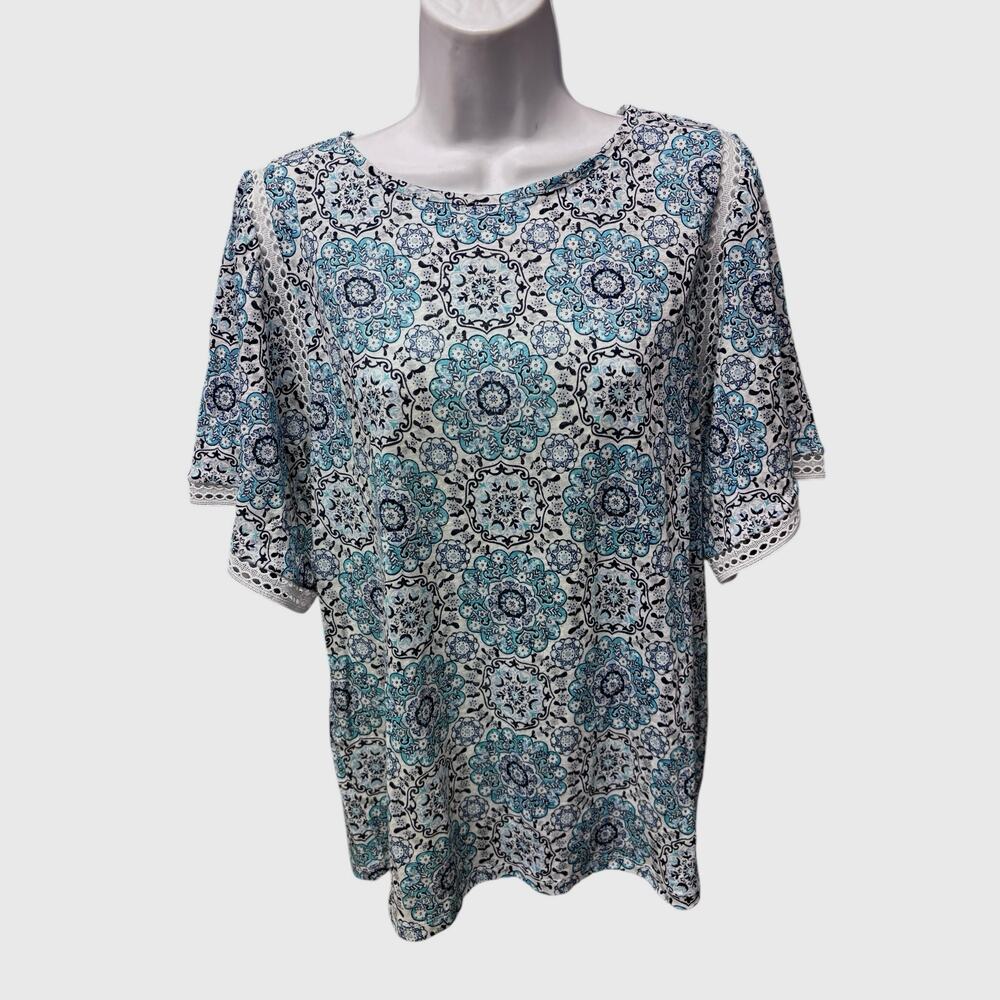 LOFT Blue Medallion Linen Flutter Sleeve Top XL NWT